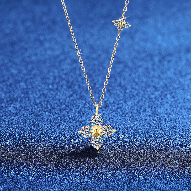 Moissanite Pendant with Chain, Princess Length Necklace, Four-leaf Clover Jewellery, Christmas Gift, White and Gold Colour, Sterling Silver 1.79 Ct