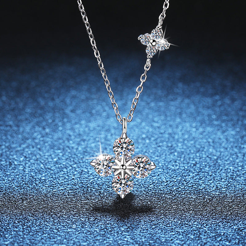 Moissanite Pendant with Chain, Princess Length Necklace, Four-leaf Clover Jewellery, Christmas Gift, White and Gold Colour, Sterling Silver 1.79 Ct