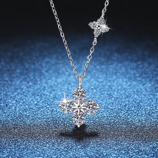 Moissanite Pendant with Chain, Princess Length Necklace, Four-leaf Clover Jewellery, Christmas Gift, White and Gold Colour, Sterling Silver 1.79 Ct