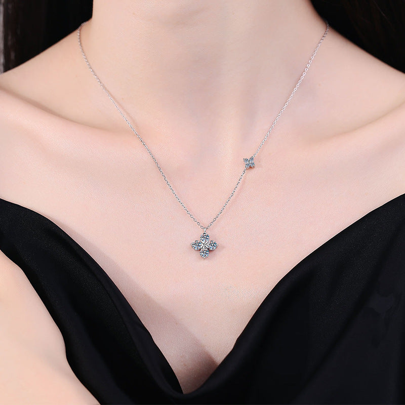 Moissanite Pendant with Chain, Princess Length Necklace, Four-leaf Clover Jewellery, Christmas Gift, White and Gold Colour, Sterling Silver 1.79 Ct