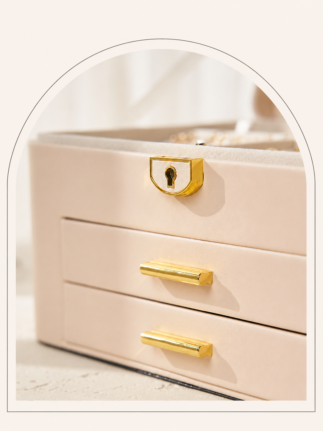 Elegant gold hardware on jewelry storage box