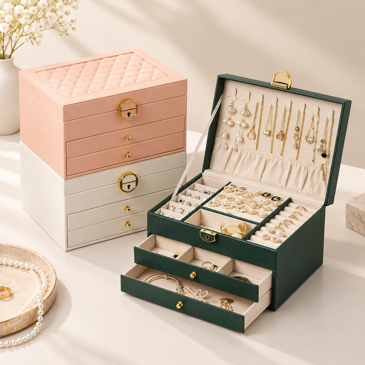 Personalised Large Jewellery Box with 2 Drawers – Custom Name Jewellery Organiser
