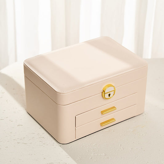 Luxury cream PU leather jewellery box with lock and drawers