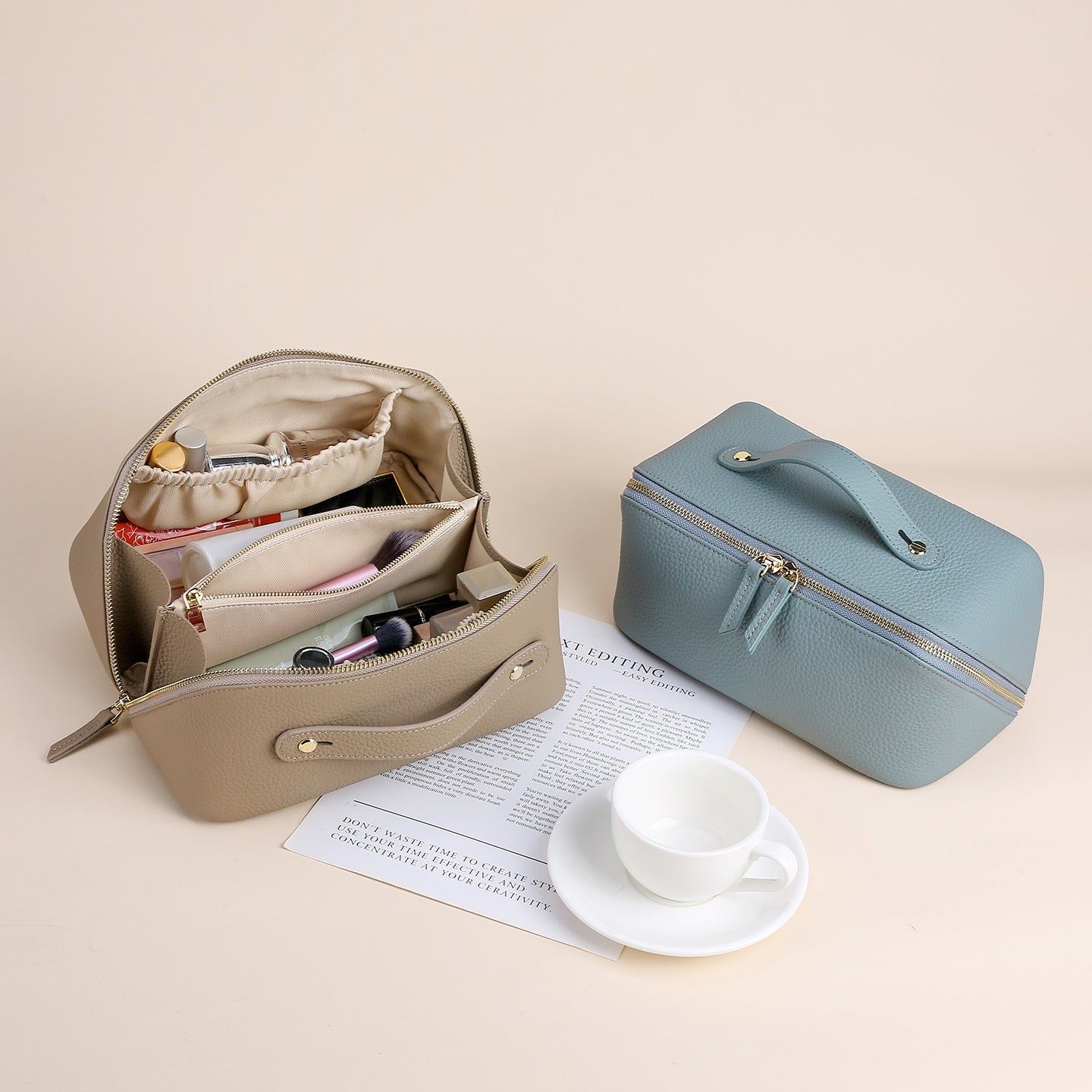 Genuine Leather Cosmetic Bag | Large Capacity Travel Makeup & Toiletry Organizer