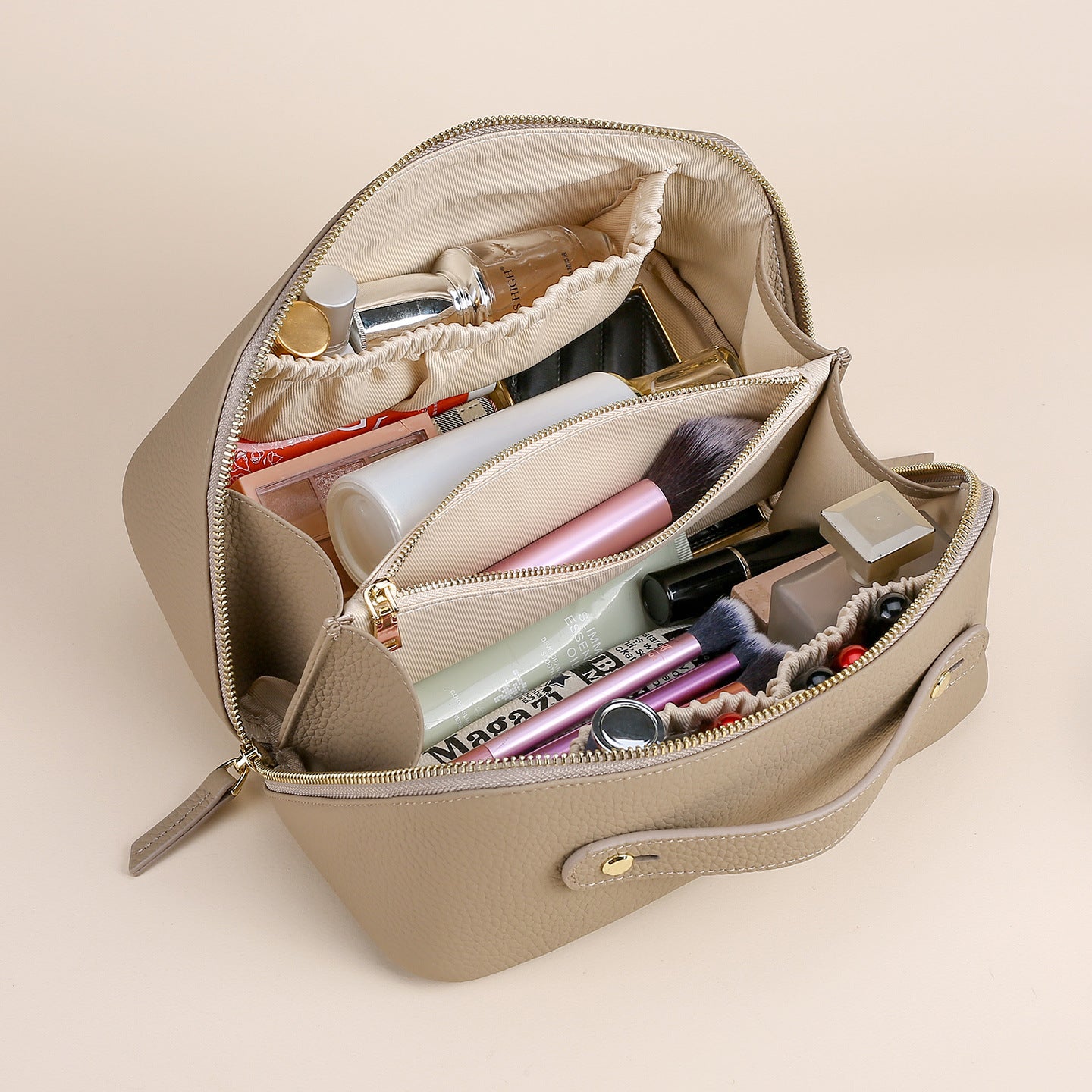 Genuine Leather Cosmetic Bag | Large Capacity Travel Makeup & Toiletry Organizer
