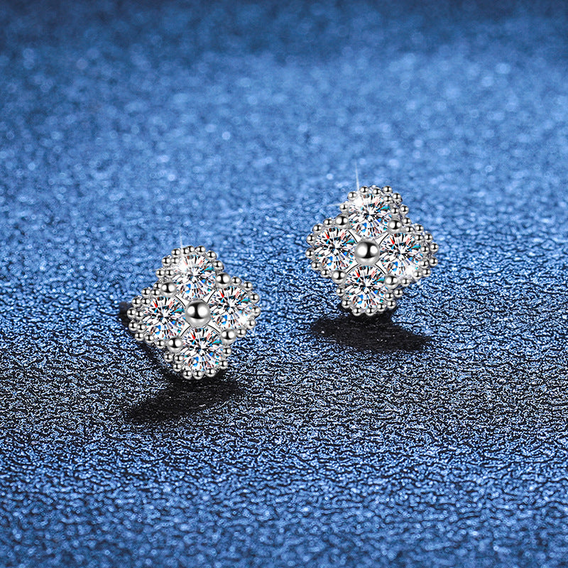 0.8 Carat Moissanite Sterling Silver Stud Earrings,  Four-leaf Clover Design, Her Birthday/Christmas Gift