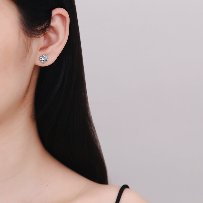 0.8 Carat Moissanite Sterling Silver Stud Earrings,  Four-leaf Clover Design, Her Birthday/Christmas Gift