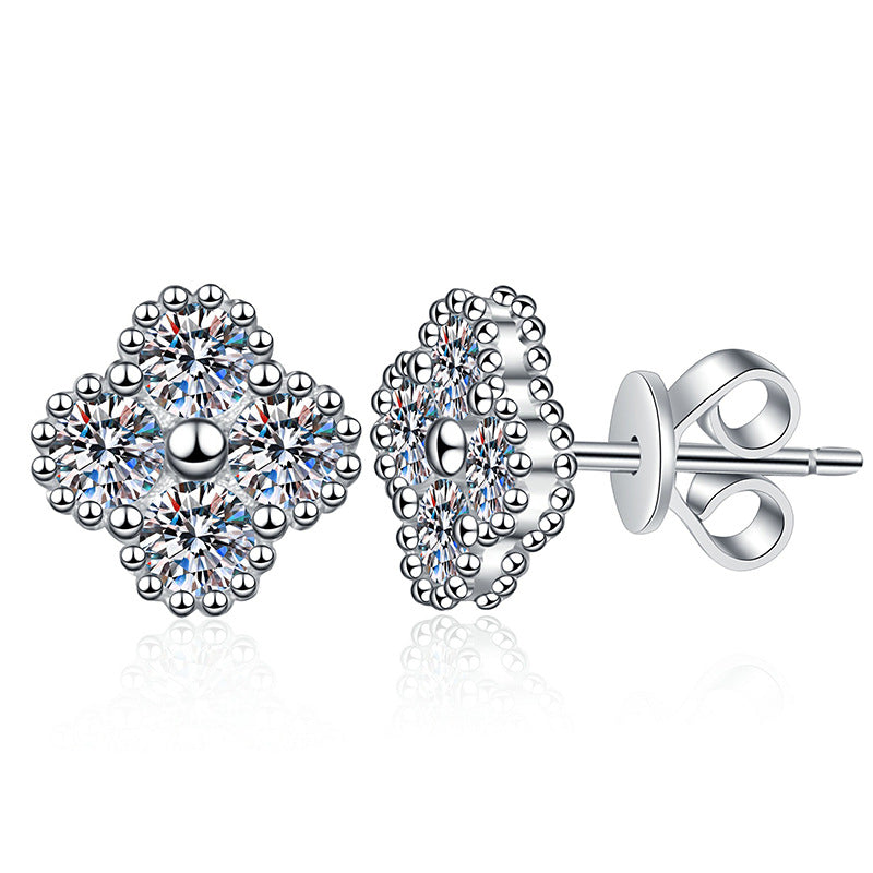 0.8 Carat Moissanite Sterling Silver Stud Earrings,  Four-leaf Clover Design, Her Birthday/Christmas Gift