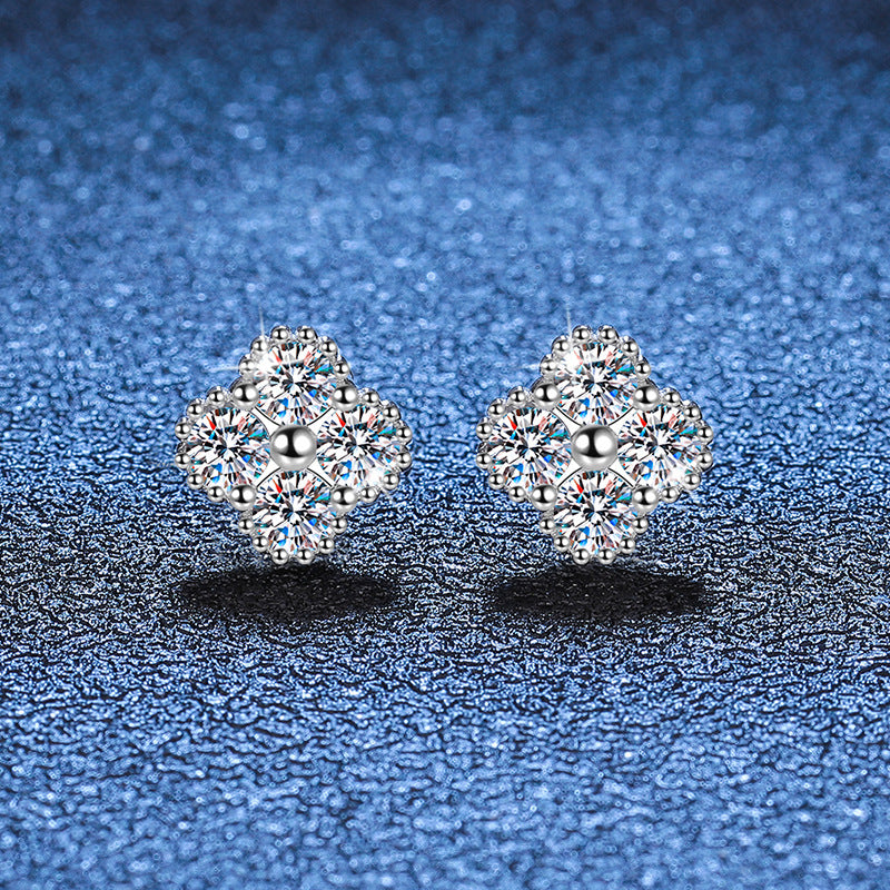 0.8 Carat Moissanite Sterling Silver Stud Earrings,  Four-leaf Clover Design, Her Birthday/Christmas Gift