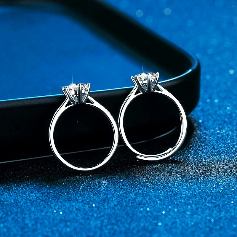 1 & 2 Carat Moissanite Six-Prong Engagement Ring, Sterling Silver Adjustable Open Ring, Gift for Her/Christmas Gift