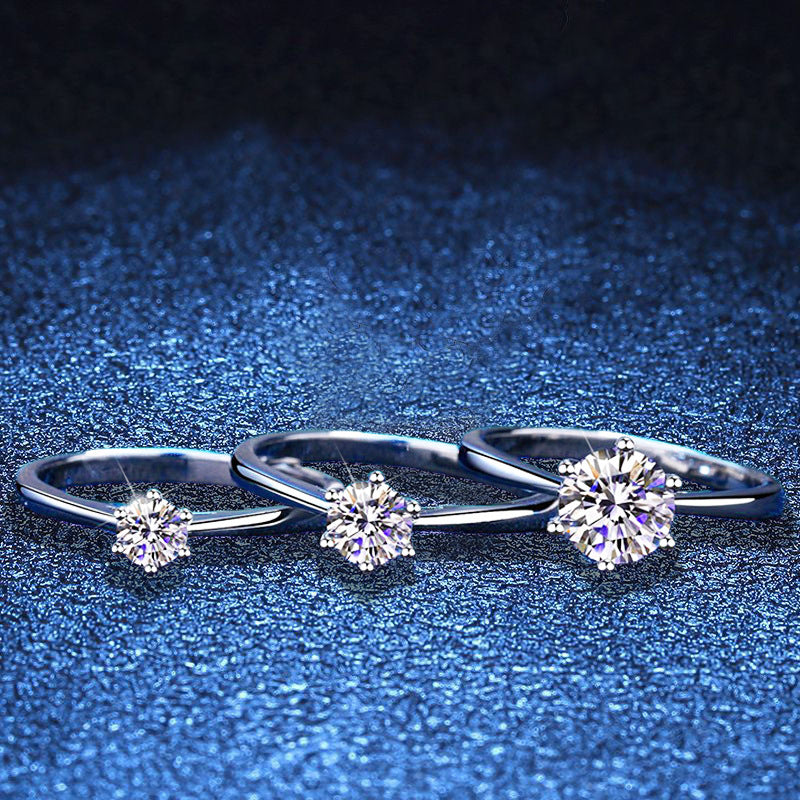 1 & 2 Carat Moissanite Six-Prong Engagement Ring, Sterling Silver Adjustable Open Ring, Gift for Her/Christmas Gift